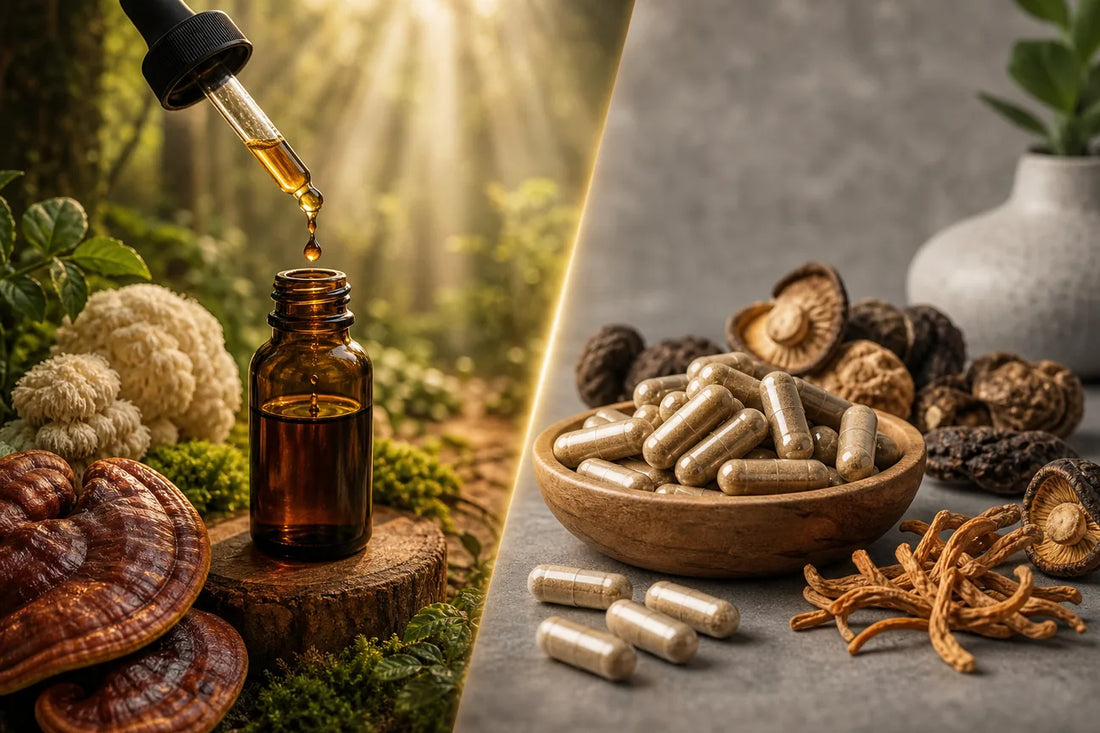 Photographie de Top avantages des gouttes de champignons vs gélules