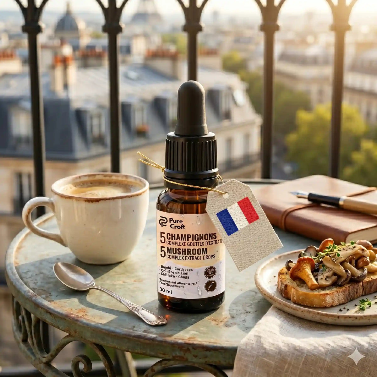 5 Mushroom Complex Extract Drops with French flag tag, coffee, and mushroom toast on Paris balcony