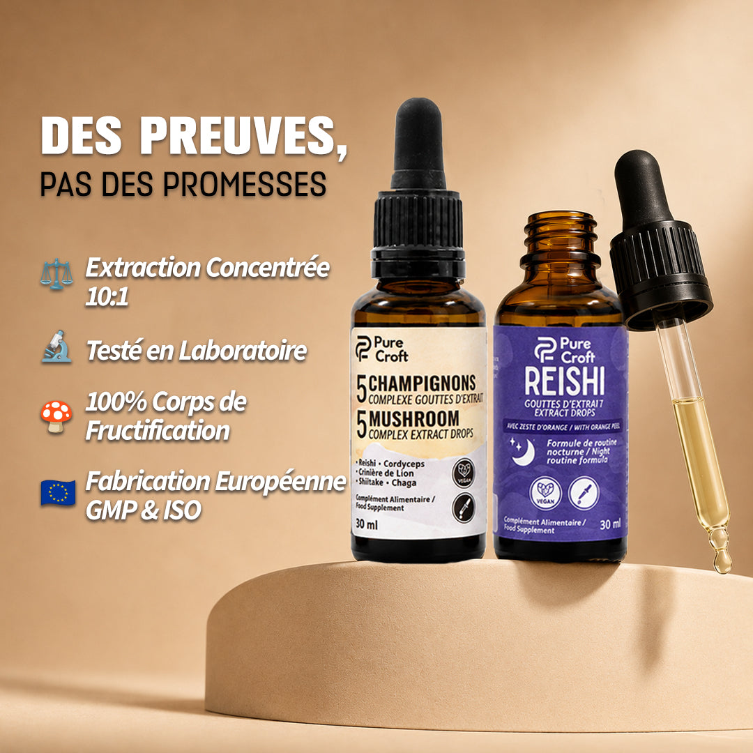 Pure Croft 5 Mushroom & Reishi extract drops with dropper, lab-tested, 10:1 concentrated, European-made
