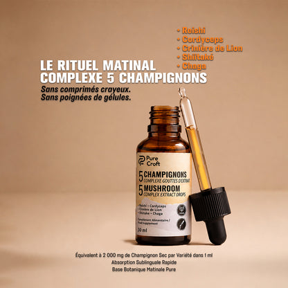 5 Mushroom Complex Extract Drops with Reishi, Cordyceps, Lion's Mane, Shiitake, Chaga in amber bottle