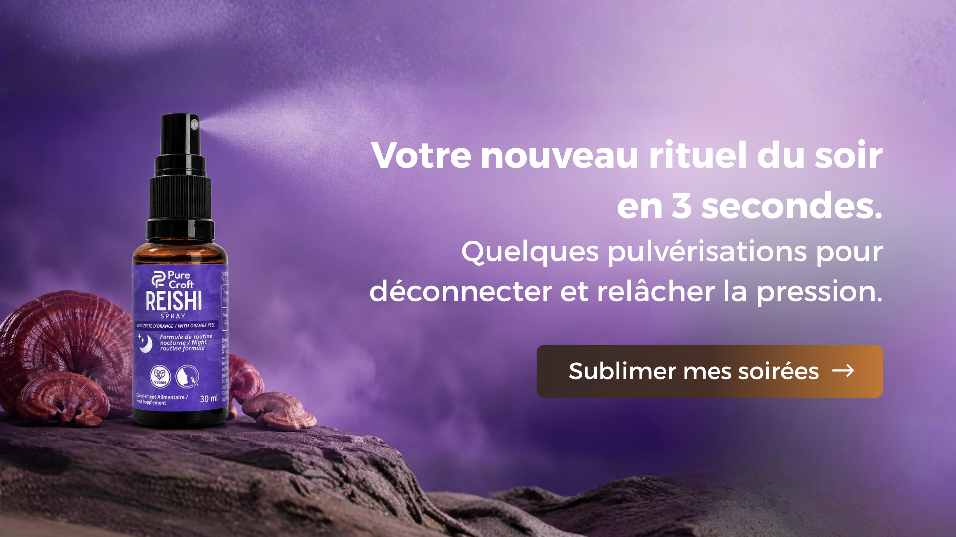 Reishi spray with orange peel for night routine, featuring functional mushrooms on a purple background