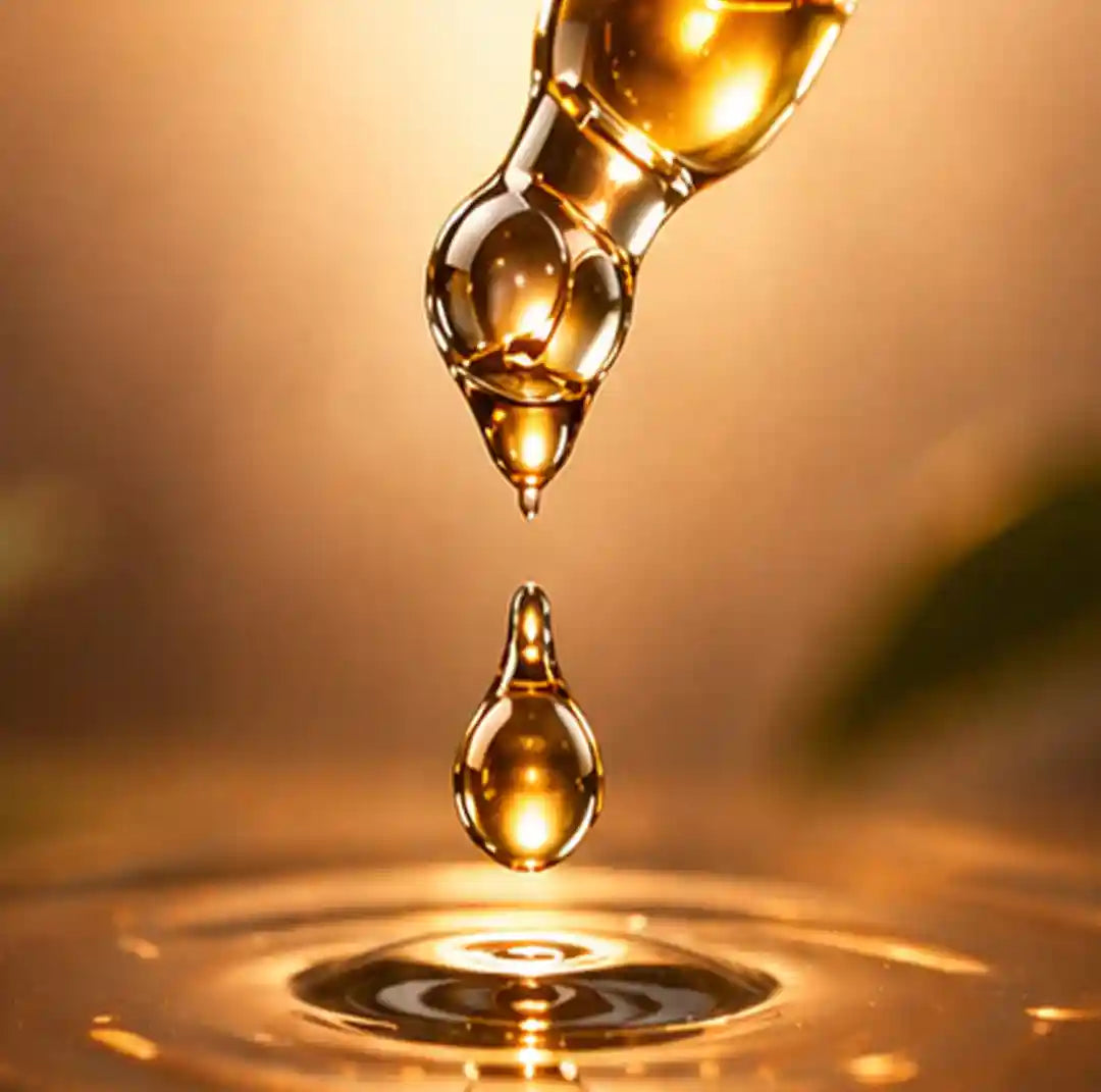 Golden droplet falling from glass pipette into liquid, creating ripples — luxury functional mushroom supplement