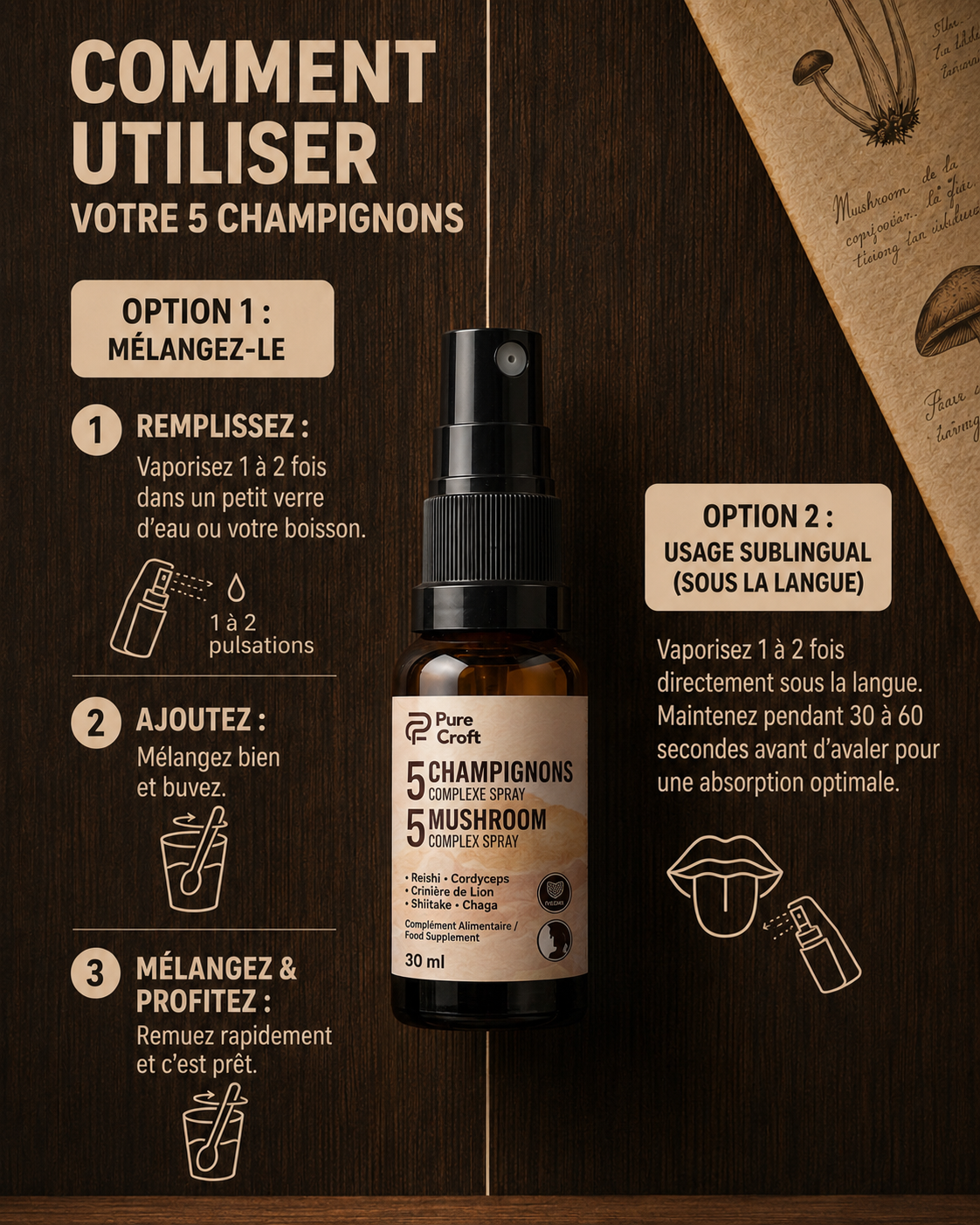 5 Mushroom Complex Spray bottle with usage instructions for mixing or sublingual use on dark wood