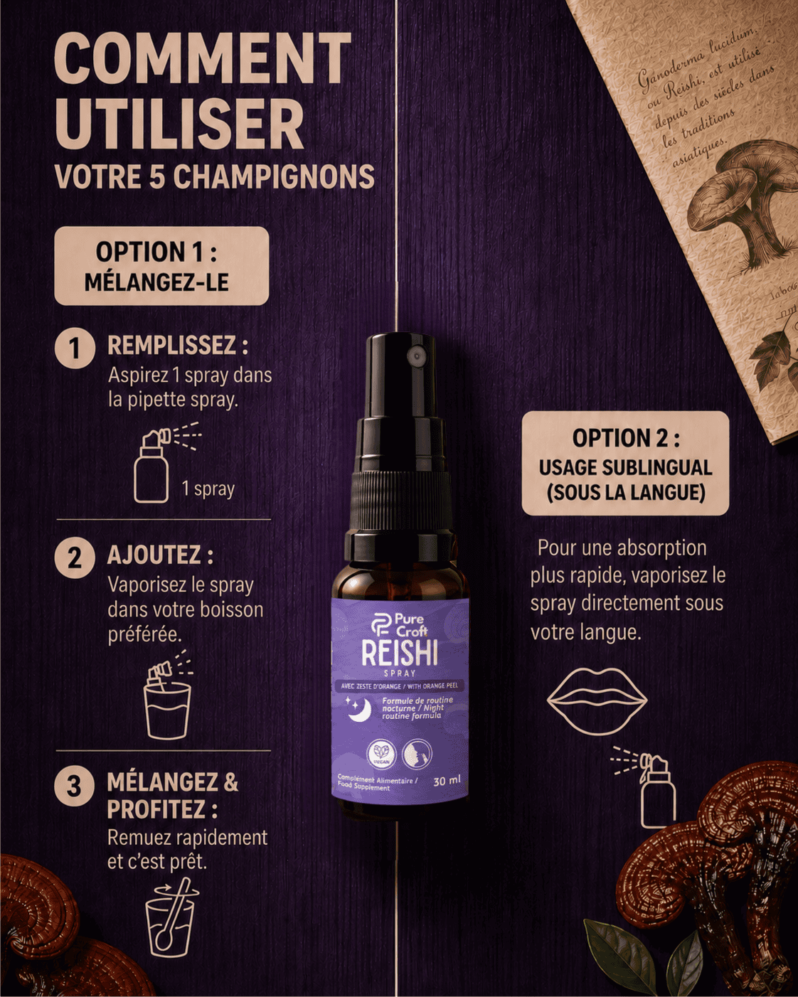 Reishi mushroom spray with usage guide: mix in drink or sublingual, 30ml bottle on purple wood background