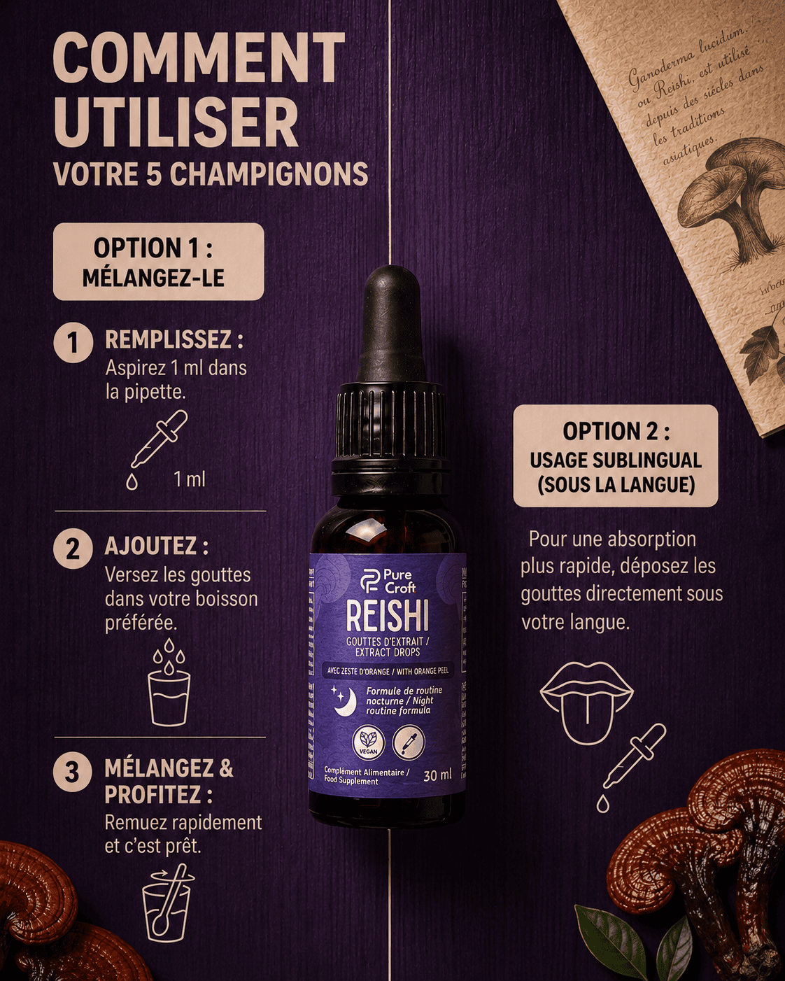 Gouttes d'Extrait de Reishi | Équivalent à 6 660 mg de Reishi