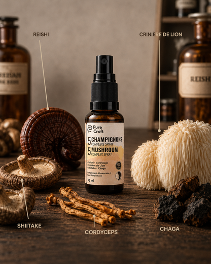 Spray complexe 5 champignons fonctionnels : Reishi, Crinière de Lion, Shitake, Cordyceps, Chaga