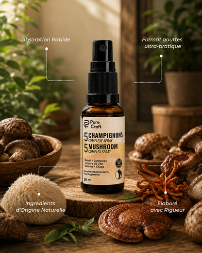 5 Mushroom Complex Spray with Reishi, Cordyceps, Lion's Mane, Shiitake, Chaga – Natural Ingredients, Fast Absorption