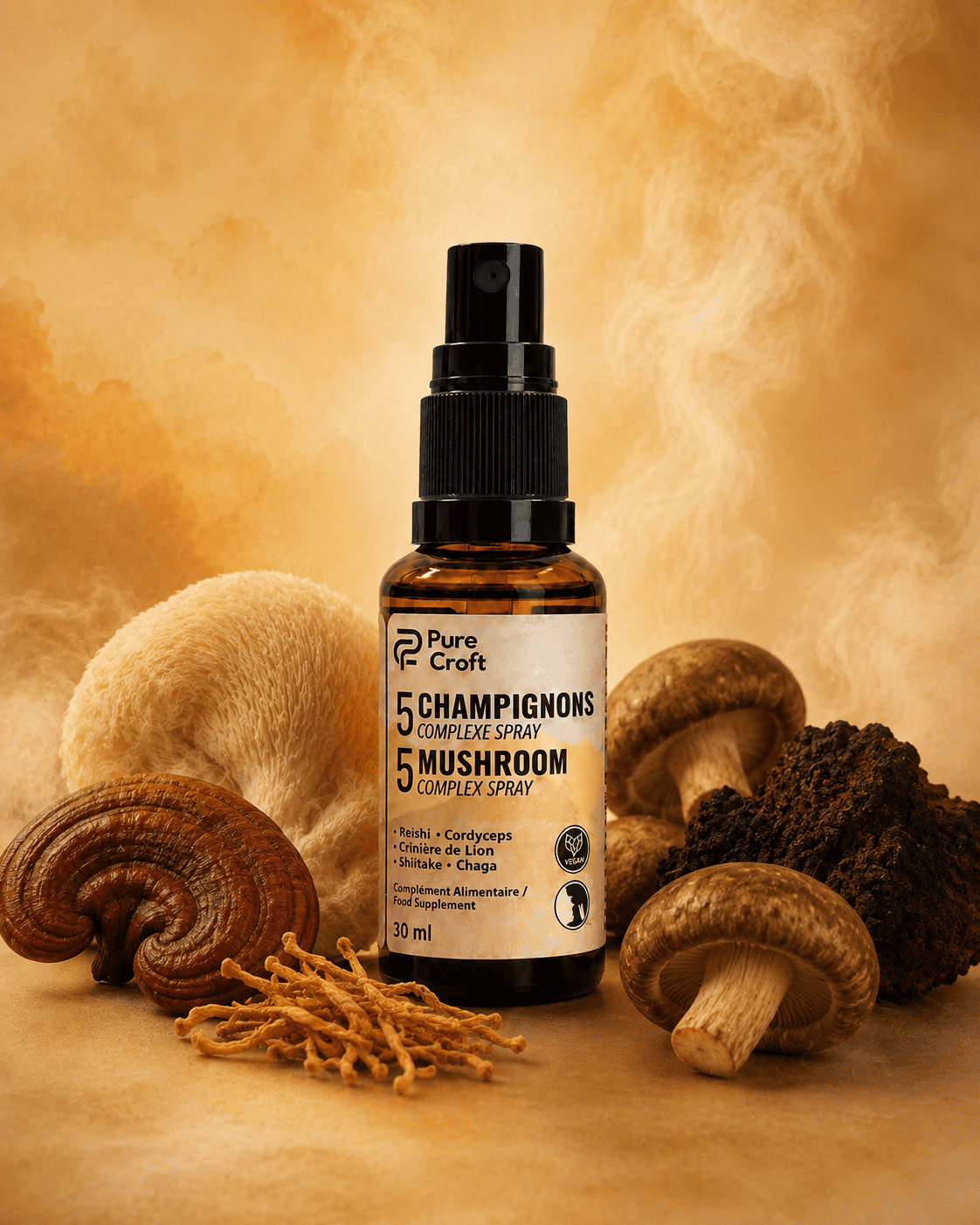 Spray complexe 5 champignons fonctionnels, complément alimentaire vegan avec Reishi, Cordyceps, Lion's Mane, Shiitake, Chaga