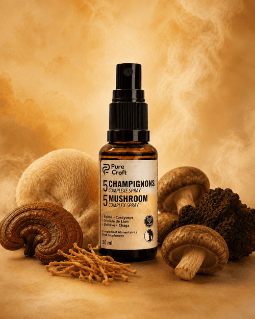 Spray complexe 5 champignons fonctionnels, complément alimentaire vegan avec Reishi, Cordyceps, Lion's Mane, Shiitake, Chaga
