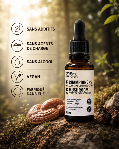 5 Mushroom Complex Extract Drops in amber bottle with dropper, set on mossy rock in forest, vegan, alcohol-free, no additives