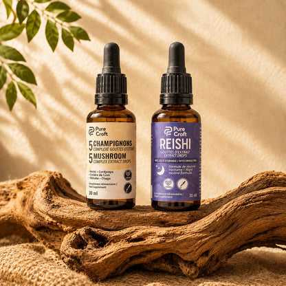 Two amber glass bottles of functional mushroom extract drops, 5 Mushroom and Reishi, on rustic wood with green leaves.
