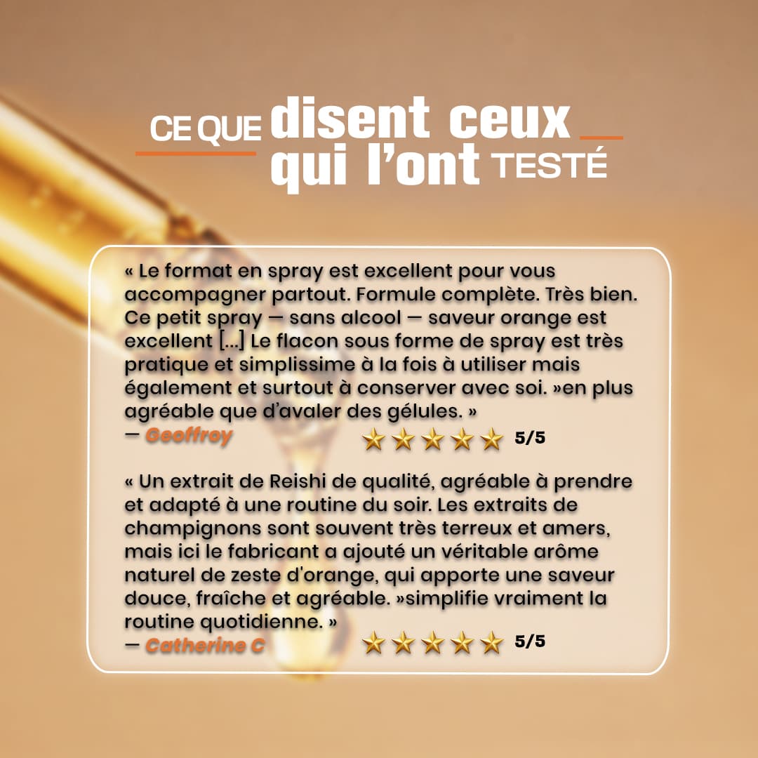 Témoignages et avis clients 5 étoiles sur le Reishi Pure Croft, soulignant la saveur agréable d'agrumes mandarine, l'absence de goût terreux et la praticité de la routine du soir.
