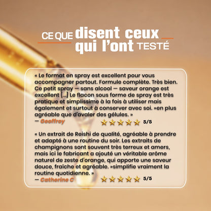 Témoignages et avis clients 5 étoiles sur le Reishi Pure Croft, soulignant la saveur agréable d'agrumes mandarine, l'absence de goût terreux et la praticité de la routine du soir.