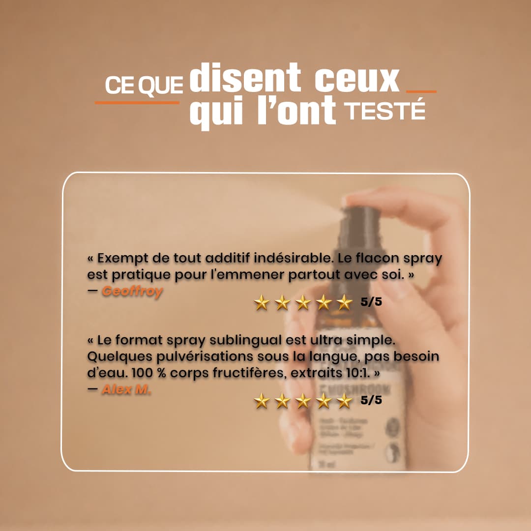 Avis clients 5 étoiles sur le format spray du Complexe 5 Champignons Pure Croft, soulignant la pureté sans additifs, le format nomade pratique et la facilité des pulvérisations sublinguales.