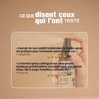 Avis clients 5 étoiles sur le format spray du Complexe 5 Champignons Pure Croft, soulignant la pureté sans additifs, le format nomade pratique et la facilité des pulvérisations sublinguales.
