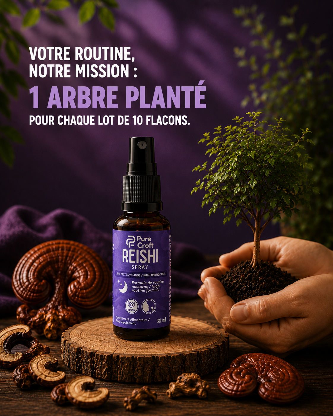Reishi spray with orange peel, vegan night routine formula, surrounded by mushrooms and a planted tree