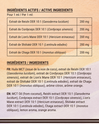 Active ingredients list for functional mushroom spray: Reishi, Cordyceps, Lion’s Mane, Shiitake, Chaga extracts