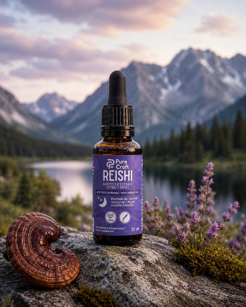 Reishi image drops in a mountainous setting