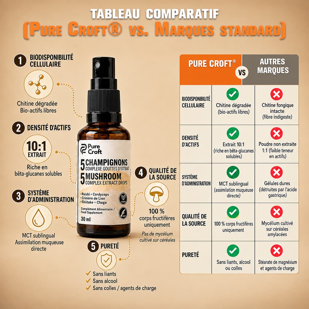 Tableau comparatif du spray sublingual Pure Croft vs marques standard : assimilation sublinguale directe sur base MCT, extrait 10:1, 100% corps fructifères sans mycélium sur céréales et formule sans alcool ni liants.