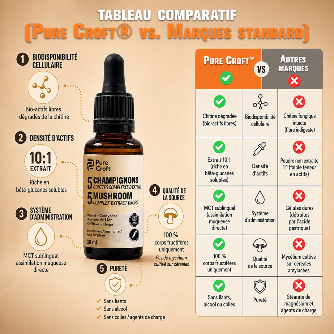 Tableau comparatif Pure Croft vs marques standard : extrait 10:1 riche en bio-actifs, assimilation sublinguale sur base MCT, 100% corps fructifères et formule sans alcool ni liants.