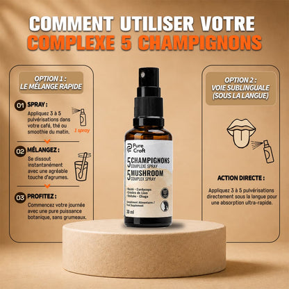 Mode d'emploi du spray 5 Champignons Pure Croft : Option 1 par mélange de 3 à 5 pulvérisations dans une boisson, et Option 2 par pulvérisation sublinguale directe sous la langue.