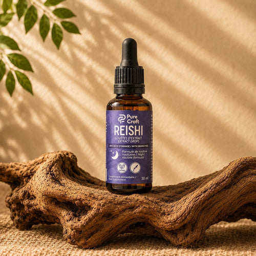 Flacon en verre ambré 30 ml de gouttes de Reishi Pure Croft avec pipette compte-gouttes noire, mis en scène sur du bois flotté naturel.