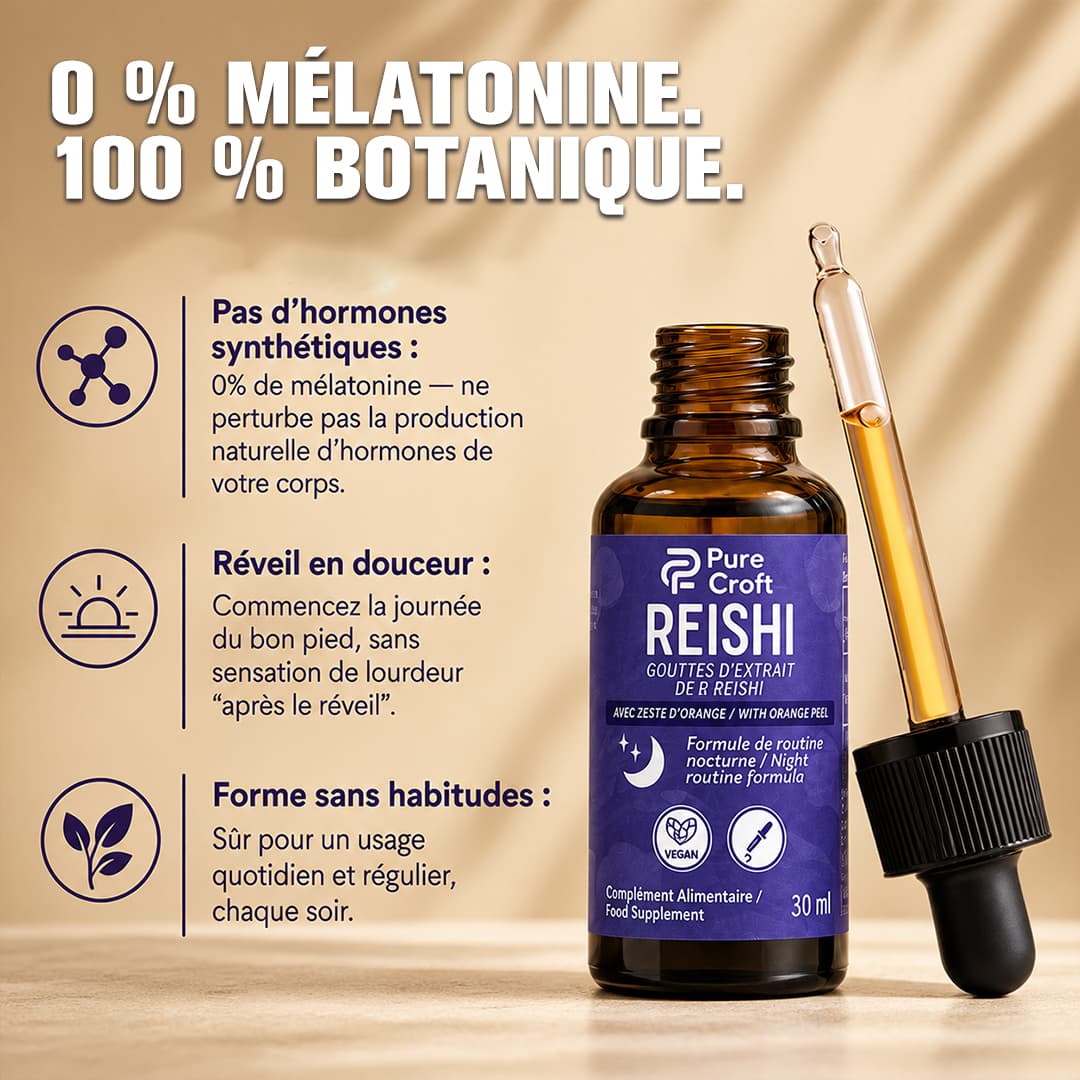 Gouttes de Reishi Pure Croft pour la routine nocturne : formule 0% mélatonine sans hormones synthétiques, 100% botanique pour un réveil en douceur sans accoutumance.