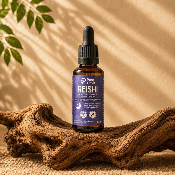 Flacon en verre ambré de 30 ml de gouttes d'extrait de Reishi Pure Croft avec pipette compte-gouttes, posé sur une racine de bois naturel dans une ambiance végétale.