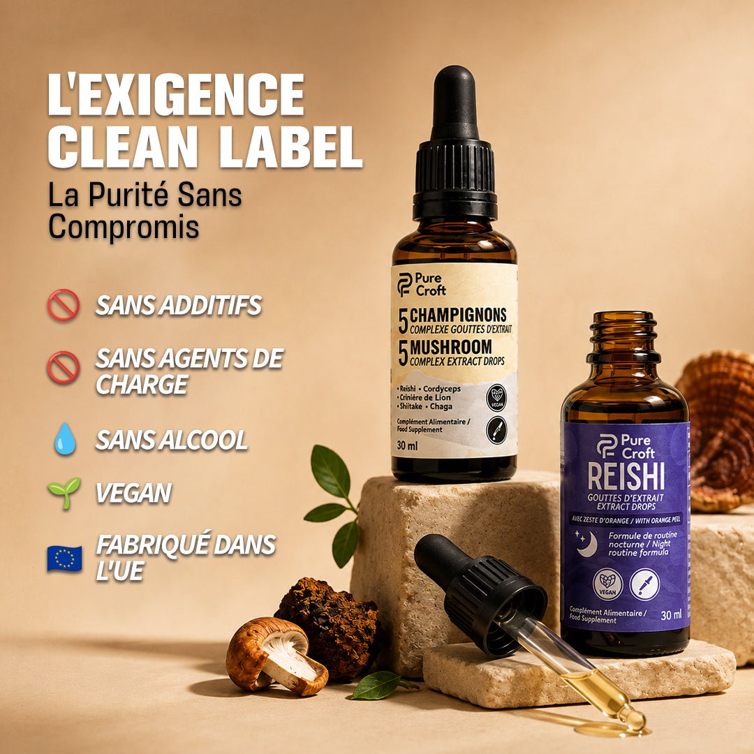 Pure Croft 5 Mushroom & Reishi extract drops, clean label, vegan, alcohol-free, EU-made functional mushroom supplements