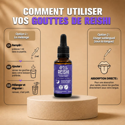 Conseils d'utilisation des gouttes de Reishi Pure Croft : Option 1 par mélange d'1 ml dans une boisson préférée, et Option 2 par prise sublinguale directe sous la langue.