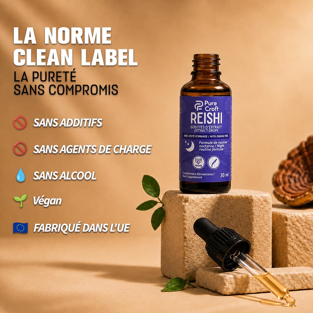 Flacon compte-gouttes de Reishi Pure Croft sur socle minéral : formule clean label sans additifs, sans agents de charge, sans alcool, 100% végane et fabriquée dans l'Union Européenne.