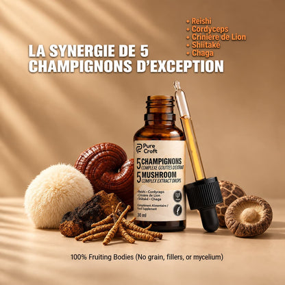 Flacon d’extrait liquide 5 Champignons Pure Croft (Reishi, Cordyceps, Crinière de Lion, Shiitaké, Chaga) élaboré à partir de corps de fructification purs sans céréales.