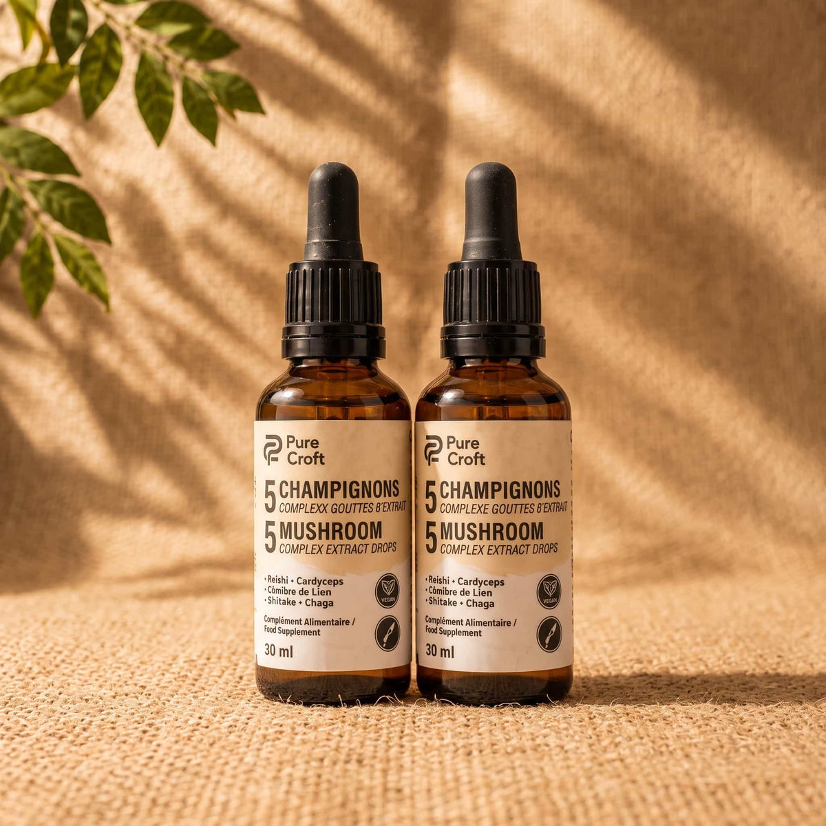 Deux flacons de Pure Croft Gouttes d'Extrait Complexe 5 Champignons avec pipettes noires sont centrés sur un tissu en toile de jute texturé. L'arrière-plan est un mur beige chaud avec une lumière solaire tamisée.