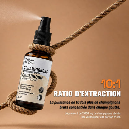 Pulvérisation du spray Complexe 5 Champignons Pure Croft illustrant le rapport d'extraction 10:1, équivalent à 2 000 mg de champignons bruts séchés par variété pour 1 ml.