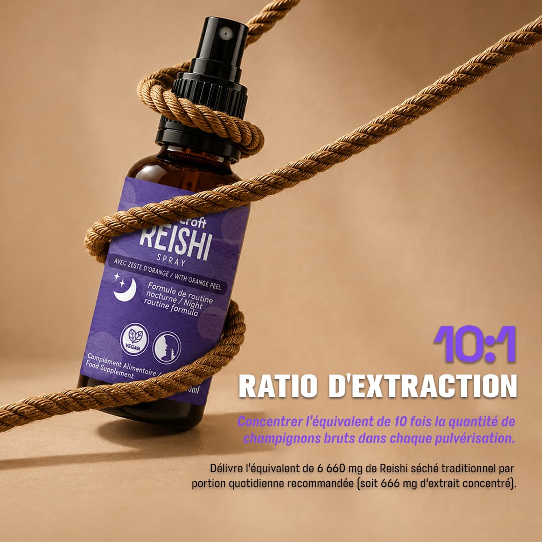 Flacon spray Reishi Pure Croft illustrant le ratio d'extraction 10:1, délivrant l'équivalent de 6 660 mg de Reishi séché traditionnel par portion quotidienne recommandée (666 mg d'extrait).