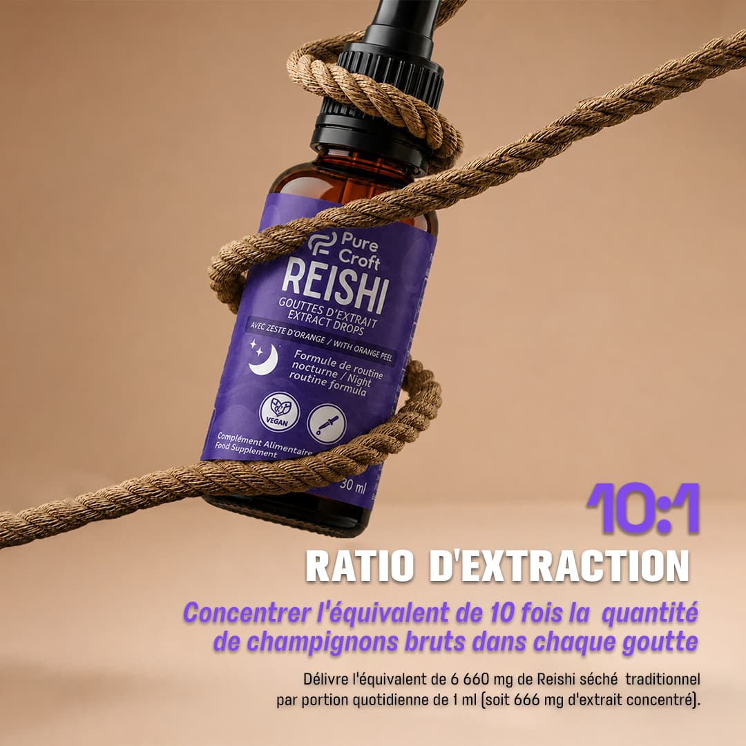 Flacon de Reishi Pure Croft illustrant le ratio d'extraction 10:1, délivrant l'équivalent de 6 660 mg de Reishi séché traditionnel par portion quotidienne de 1 ml (soit 666 mg d'extrait concentré).