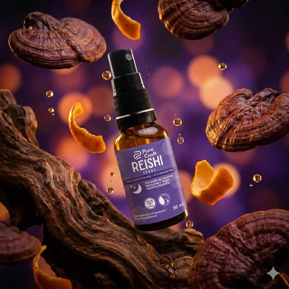 Reishi spray with orange peel, functional mushroom supplement for night routine, 30ml bottle