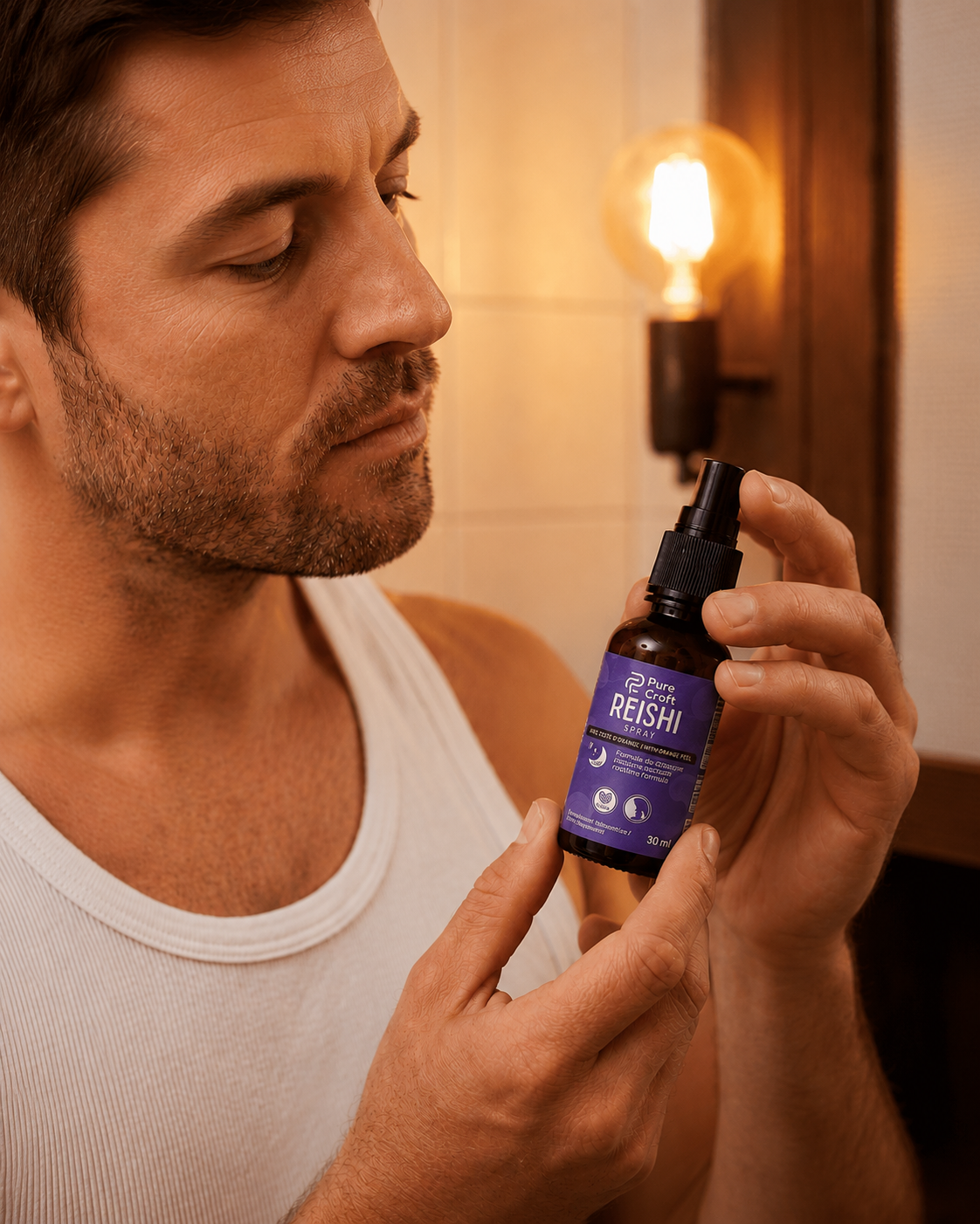 Man holding Pure Croft Reishi spray bottle, luxury functional mushroom supplement for daily wellness