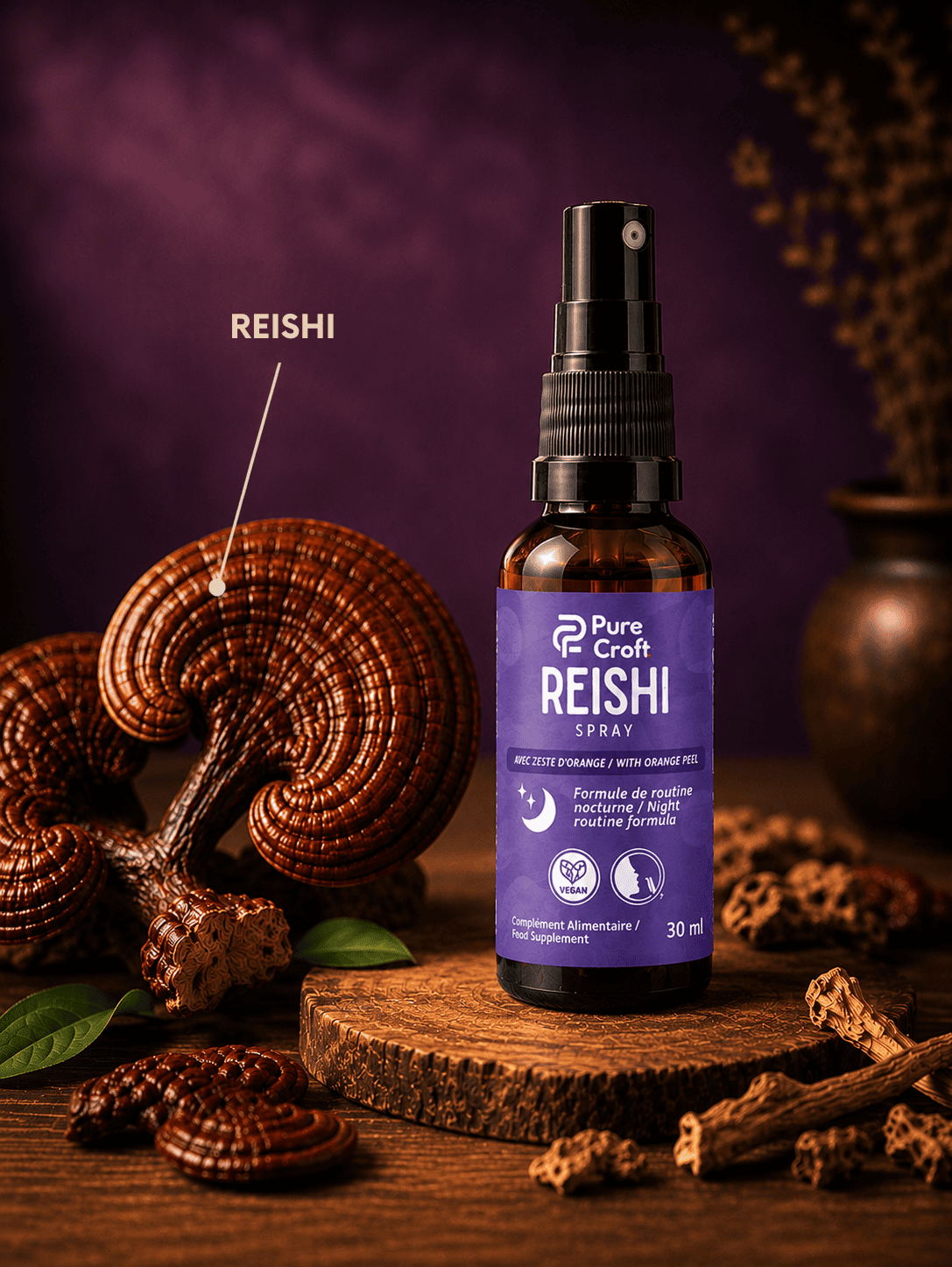 Spray Reishi à la zeste d'orange, formule nuit, complément alimentaire vegan, champignons fonctionnels