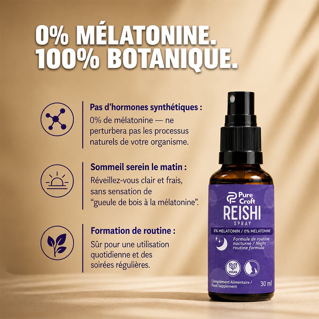 Spray Reishi Pure Croft pour la routine nocturne : formule 0% mélatonine sans hormones synthétiques, 100% botanique pour un réveil clair sans sensation de somnolence.
