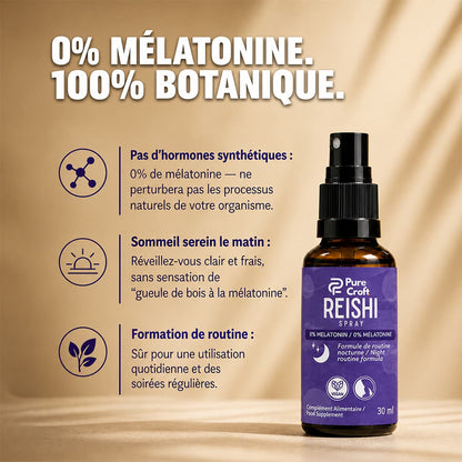 Spray Reishi Pure Croft pour la routine nocturne : formule 0% mélatonine sans hormones synthétiques, 100% botanique pour un réveil clair sans sensation de somnolence.