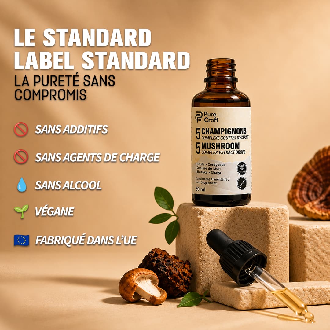 Engagements clean label Pure Croft : complexe 5 champignons sans additifs, sans agents de charge, sans alcool, formule 100% végane et fabriquée dans l'Union Européenne.