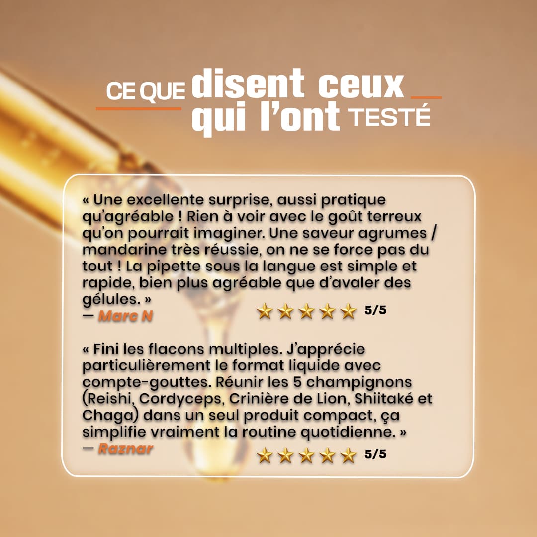 Avis clients 5 étoiles sur le Complexe 5 Champignons Pure Croft, appréciant la saveur naturelle d'agrumes mandarine et le confort de la pipette sublinguale.