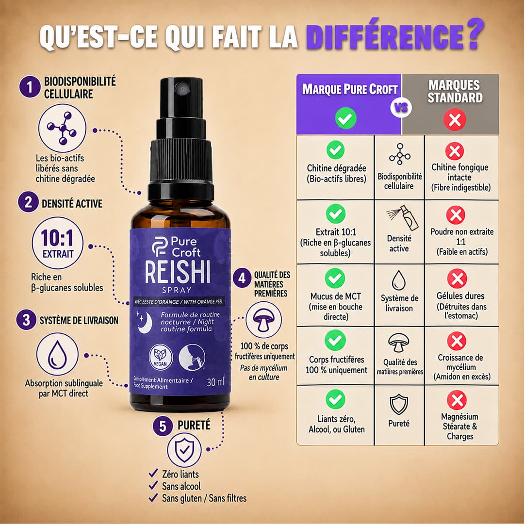 Tableau comparatif spray Reishi Pure Croft vs marques standard : chitine dégradée biodisponible, extrait 10:1 riche en bêta-glucanes, base MCT sublinguale, 100% corps fructifères et formule sans alcool ni stéarate de magnésium.