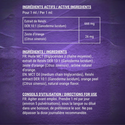 Tableau des ingrédients actifs et composition du Spray Reishi Pure Croft : extrait 10:1 de Ganoderma lucidum (666 mg/ml) et zeste d'orange sur base d'huile MCT.