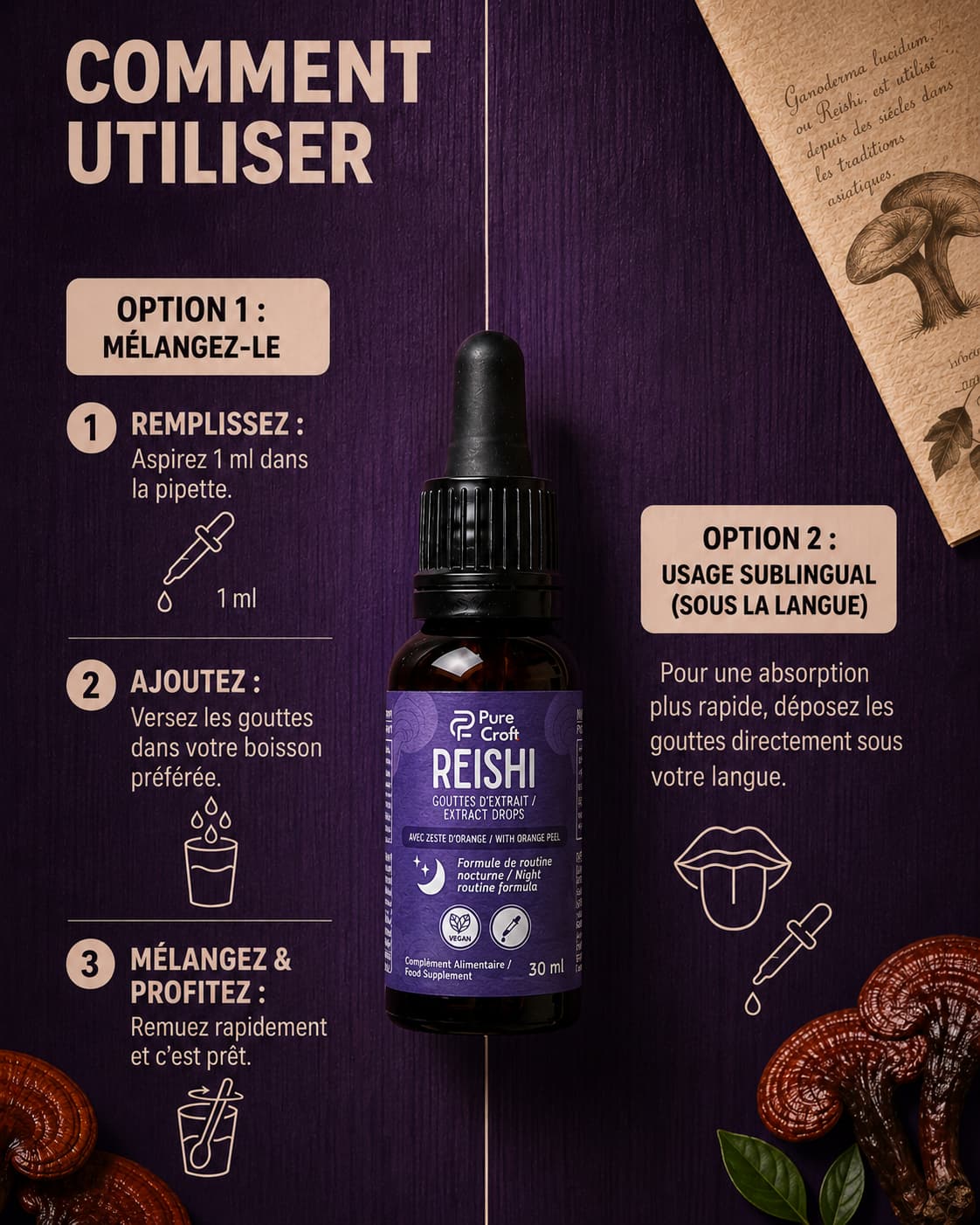 Reishi extract drops with orange peel, night routine formula, vegan supplement in 30ml bottle with usage guide