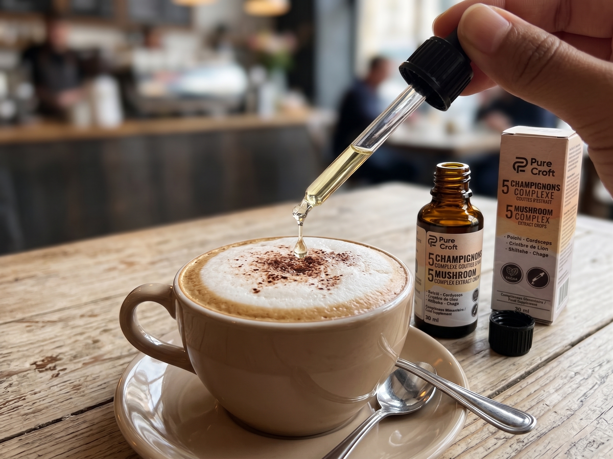 Adding 5 Mushroom Complex extract to a cappuccino with dropper, featuring functional mushroom supplements