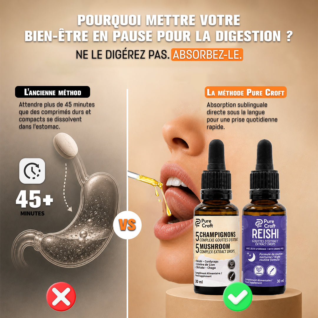 Pure Croft mushroom extract drops: sublingual absorption vs. traditional pills, fast-acting functional supplements