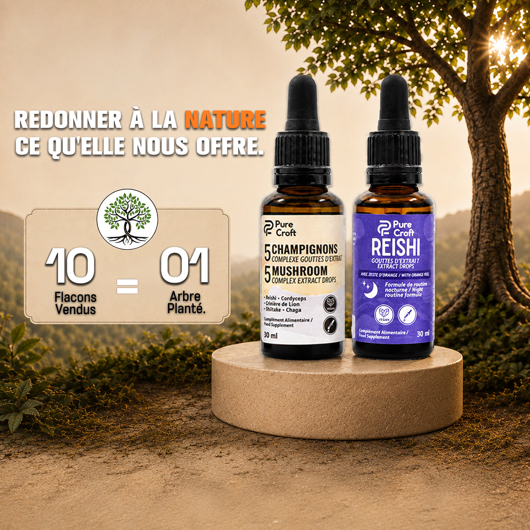 Pure Croft mushroom extract drops with nature backdrop, eco-friendly packaging