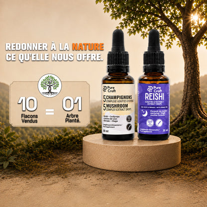 Pure Croft mushroom extract drops with nature backdrop, eco-friendly packaging
